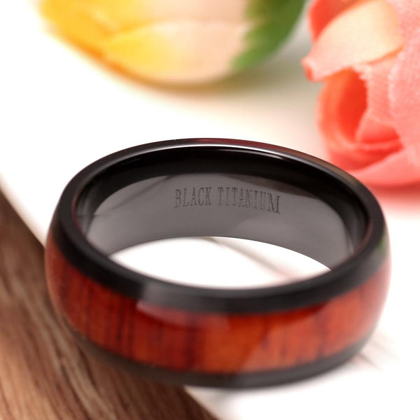 Wood and black titanium mens ring