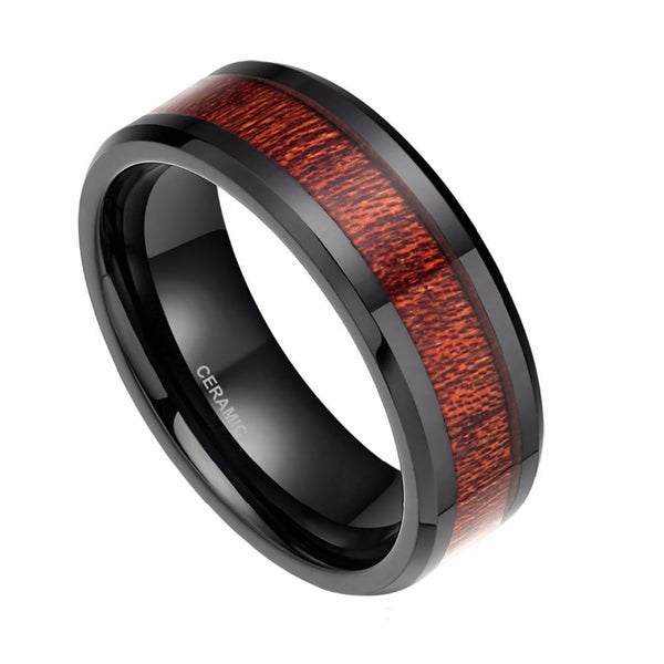 Mahogany wood black Ceramic ring with custom engraving