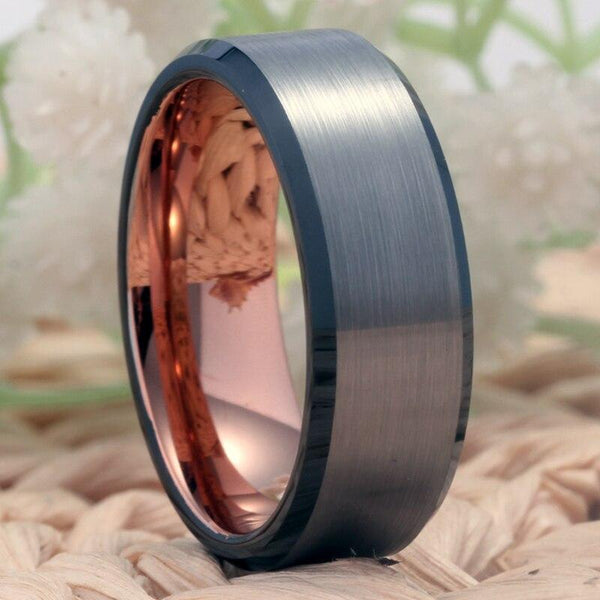 Silver, Black & Rose Gold Tungsten Mens Ring