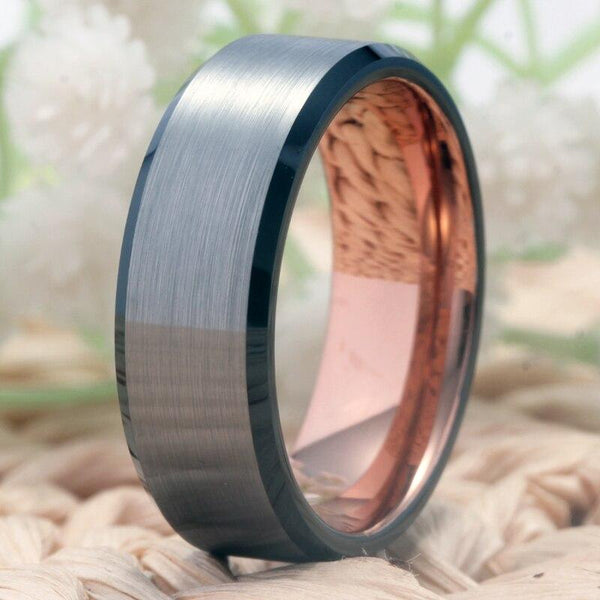 Silver, Black & Rose Gold Tungsten Mens Ring