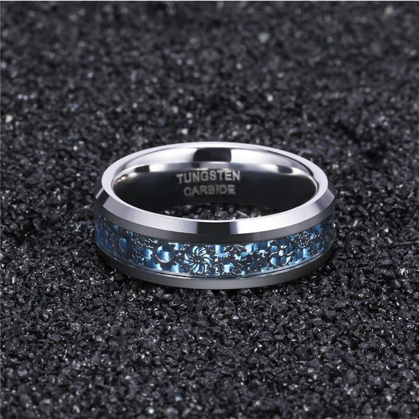 Silver and blue tungsten gears mens ring