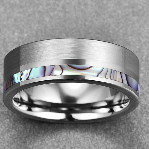 Abalone Shell Tungsten and Silver Mens Ring