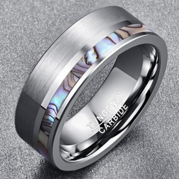 Abalone Shell Tungsten and Silver Mens Ring