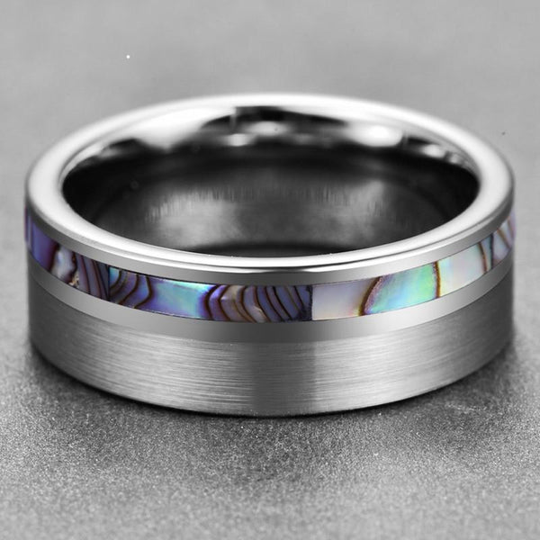 Abalone Shell Tungsten and Silver Mens Ring