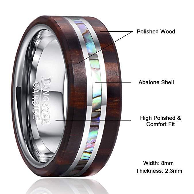 Abalone Shell, Wood and Silver Tungsten Mens Ring
