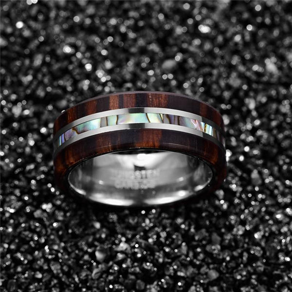 Abalone Shell, Wood and Silver Tungsten Mens Ring