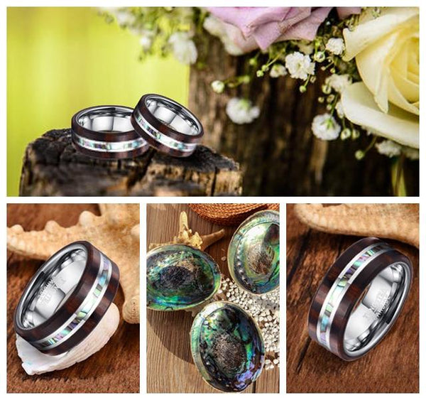 Abalone Shell, Wood and Silver Tungsten Mens Ring