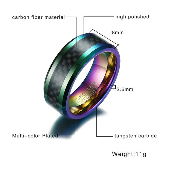 Rainbow and black tungsten mens ring - gifts for men