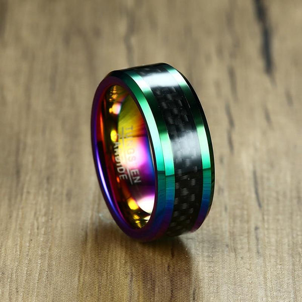 Rainbow and black tungsten mens ring - gifts for men