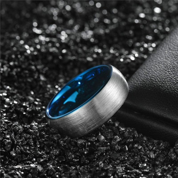 Rings for him - personalized silver blue Tungsten mens ring