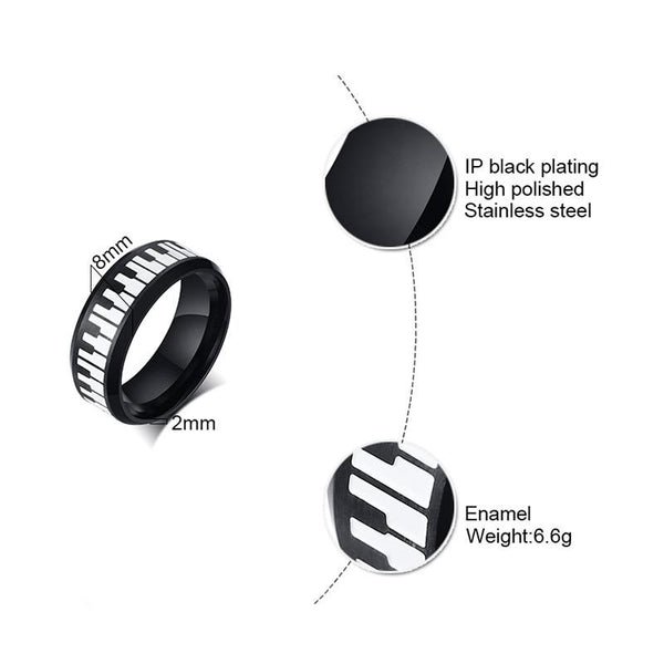 piano keyboard music black mens ring