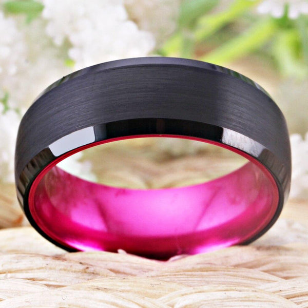 Pink & Black Brushed Tungsten Unisex Ring