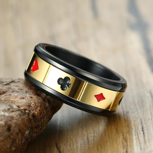 Poker game playing cards gold spinner ring