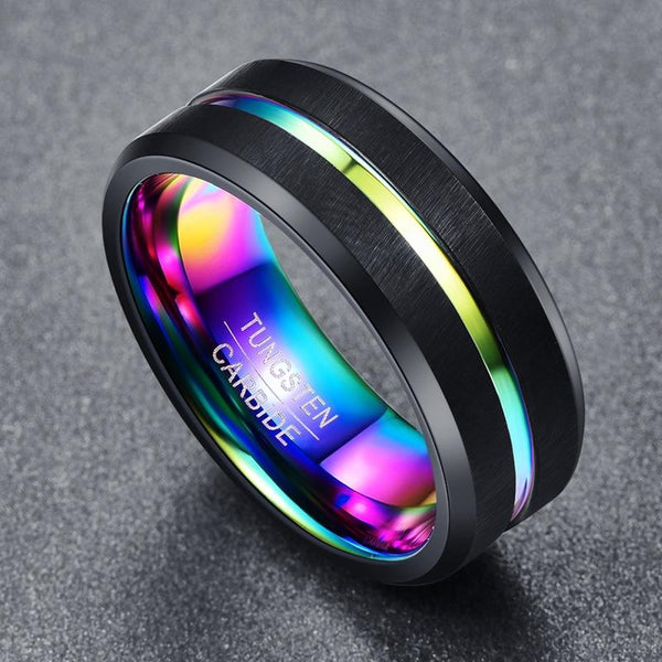 Colorful Rainbow and Black Tungsten Mens Ring