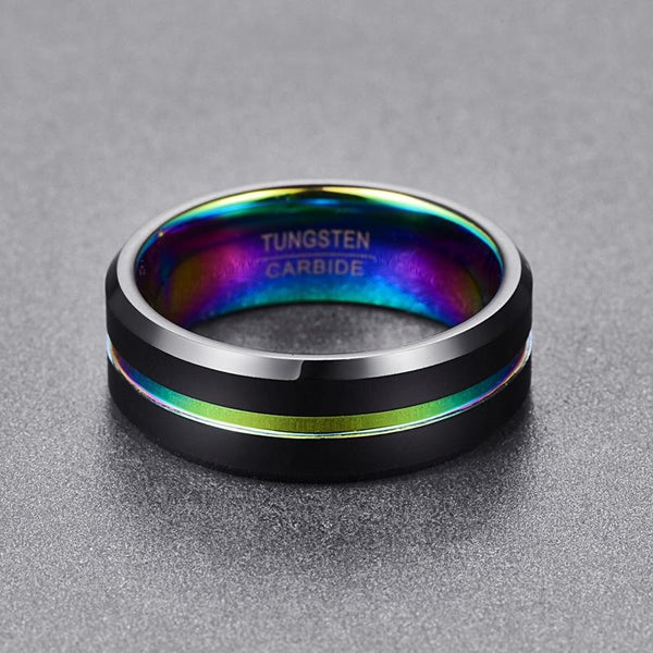 Colorful Rainbow and Black Tungsten Mens Ring