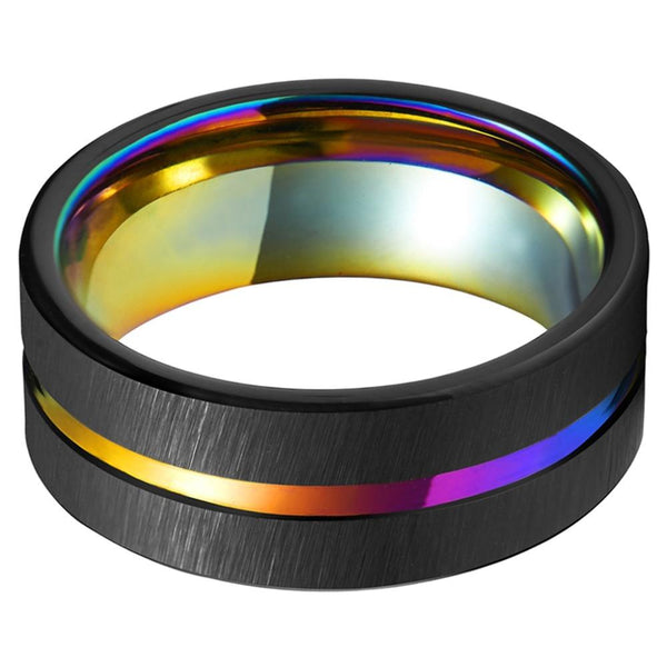 Custom black and rainbow tungsten mens rings