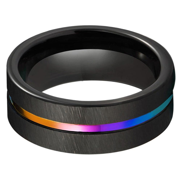 Custom black and rainbow Tungsten mens rings