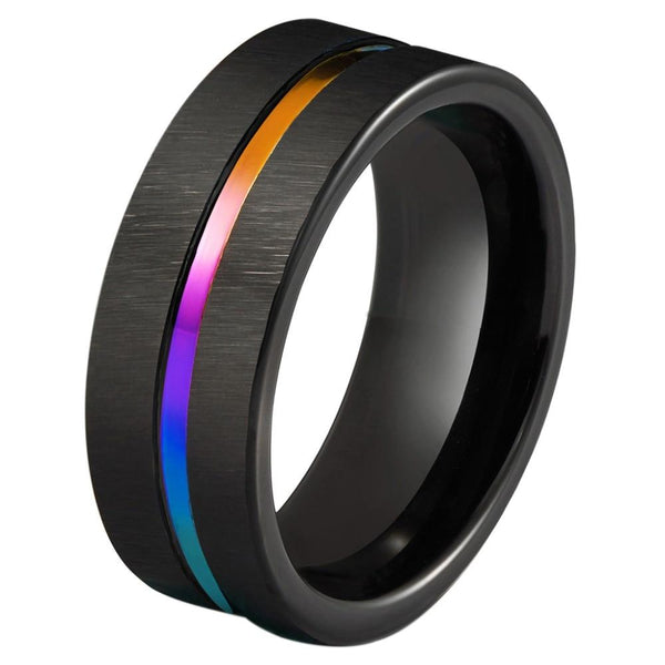 Black and rainbow Tungsten mens rings