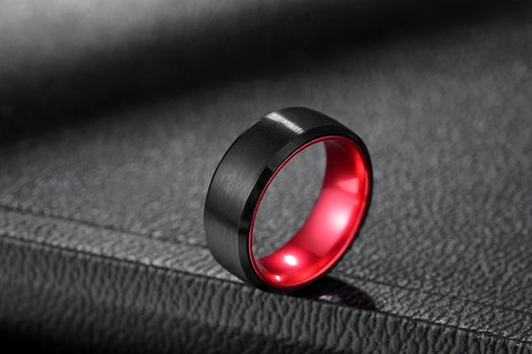 personalized black and red tungsten rings for him