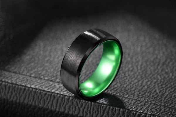 personalized black and green tungsten rings for him