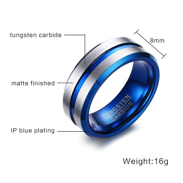 Silver and blue Tungsten mens ring - gift for him
