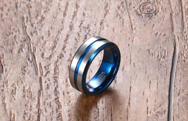 Silver and blue Tungsten mens ring - gift for him