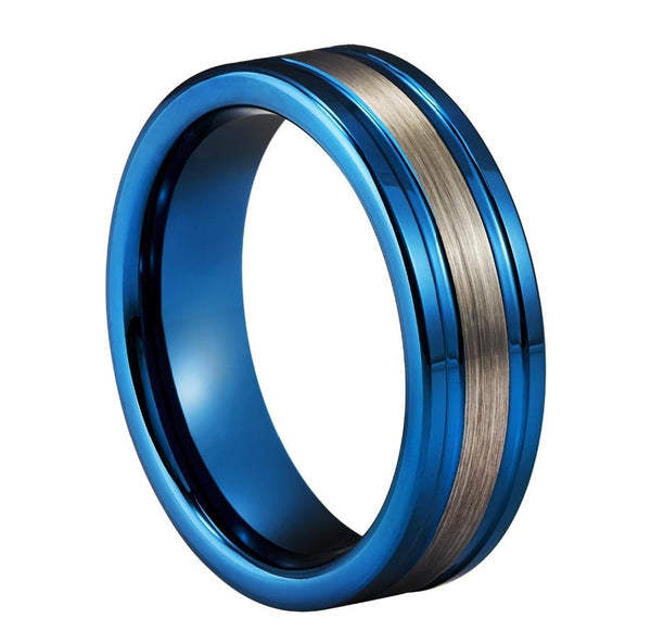 Unique silver and blue Tungsten mens ring