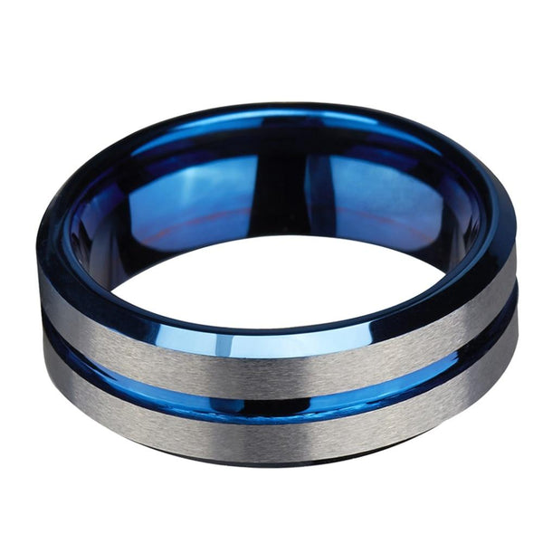Silver and blue Tungsten mens ring gift for him
