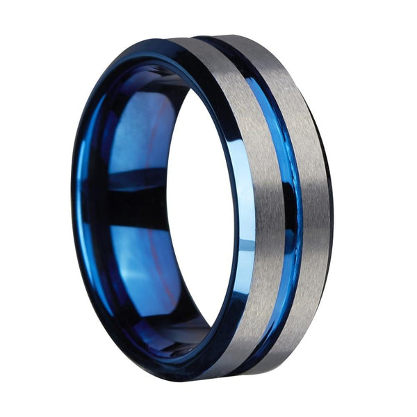 Silver and blue Tungsten mens ring gift for him