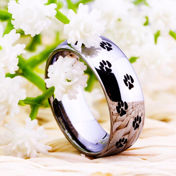 Cat Dog Paw Prints Silver Tungsten Rings