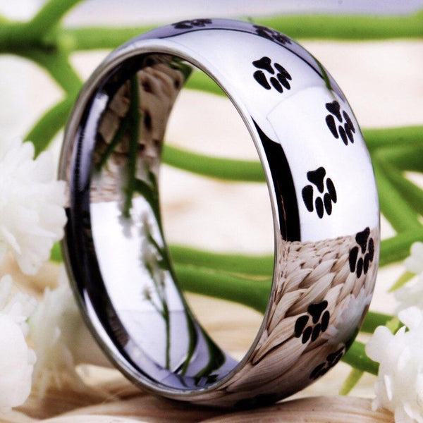 Cat Dog Paw Prints Silver Tungsten Rings