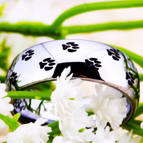 Cat Dog Paw Prints Silver Tungsten Rings