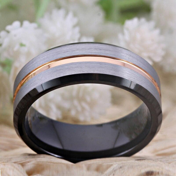 Silver, Rose Gold & Black Tungsten Mens Rings