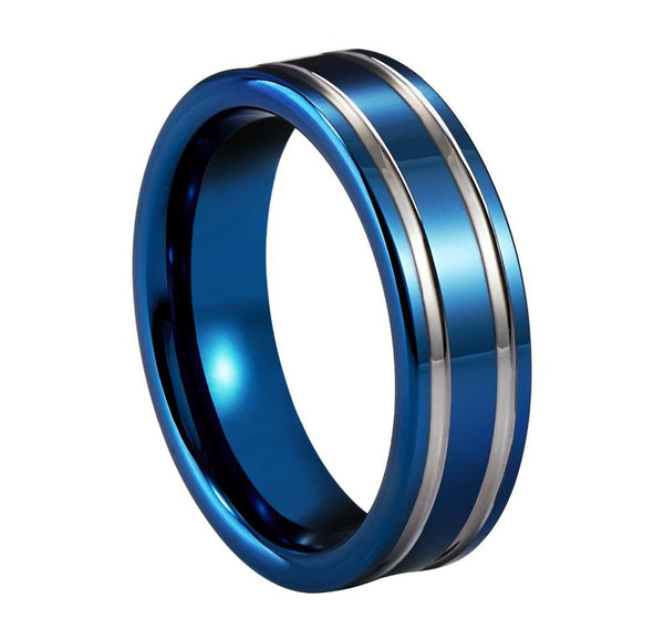 silver and blue Tungsten mens ring - gifts for him