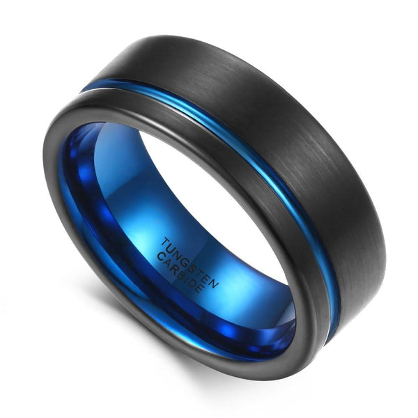 Custom black and blue Tungsten mens ring