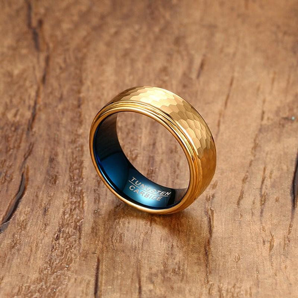 Unique cool gold and blue tungsten mens ring