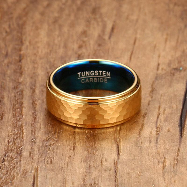 Unique cool gold and blue tungsten mens ring