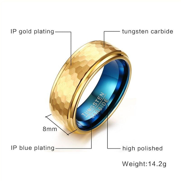 Personalized gold and blue tungsten mens ring