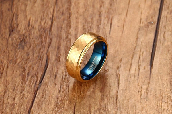 Personalized gold and blue tungsten mens ring