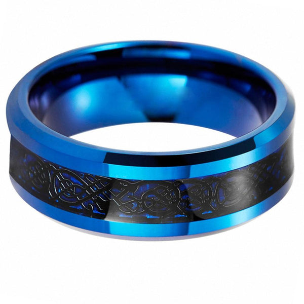 Celtic dragon blue and black Tungsten mens rings