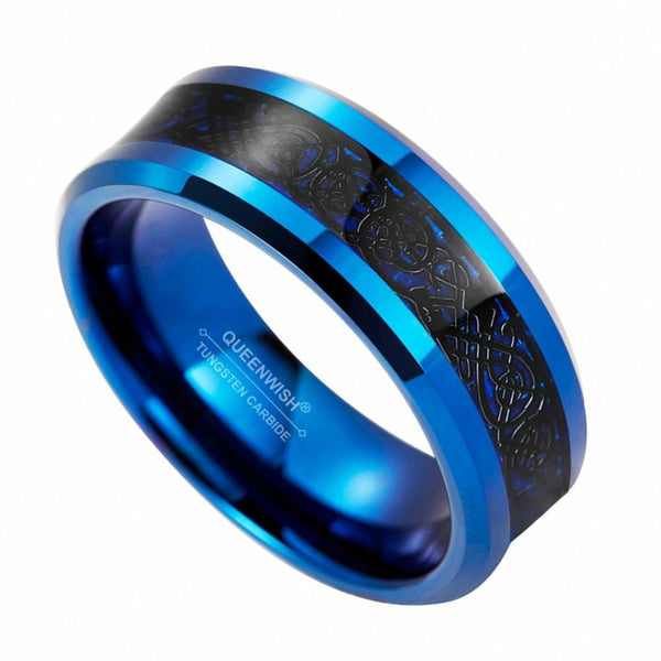 Celtic dragon blue and black Tungsten mens rings