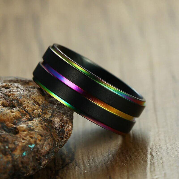Unique mens rings - black and rainbow male ring