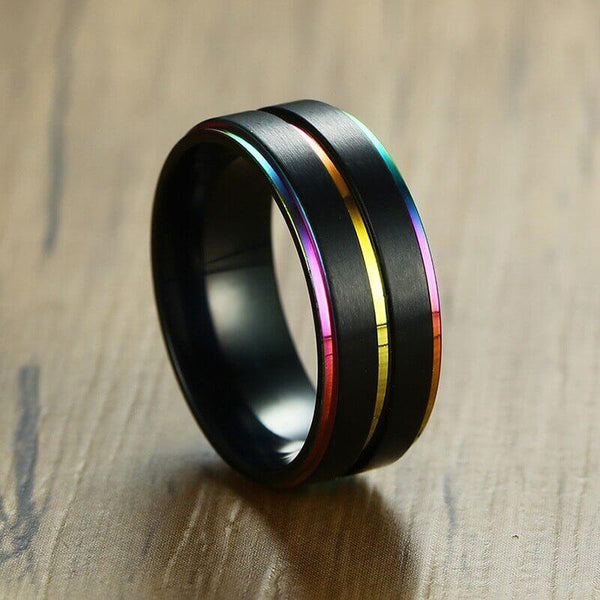 LGBT gay pride rings - black and rainbow mens ring