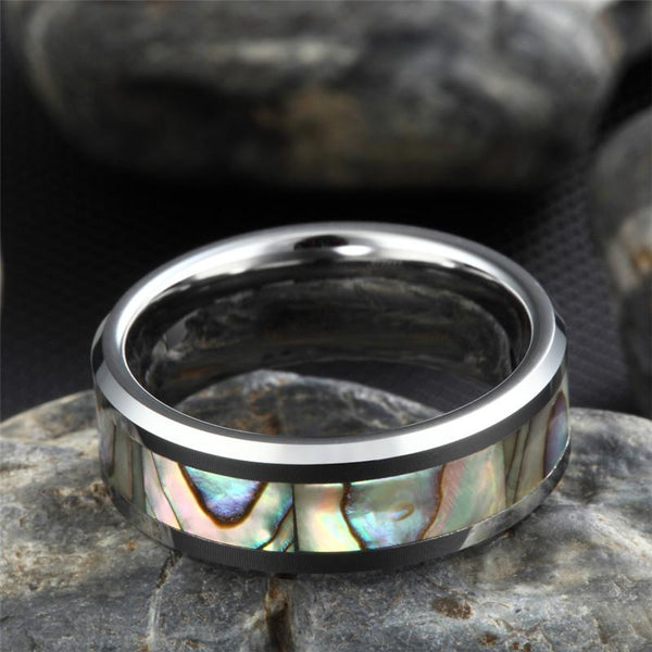 Personalized abalone shell Tungsten mens ring