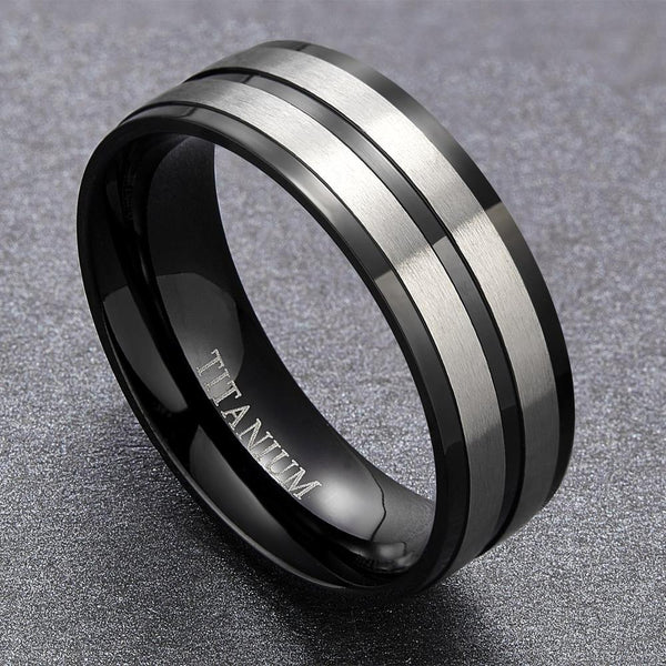 8mm Two Tone Silver & Black Titanium Mens Ring - Promise Rings