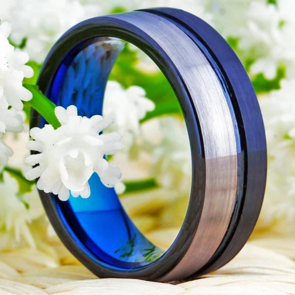 Blue and Silver Tungsten Mens Ring