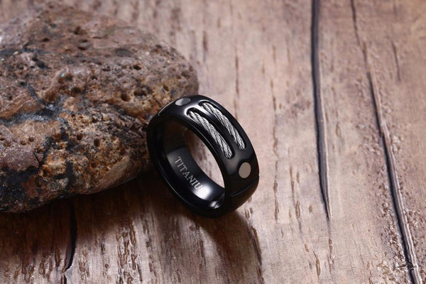 Cool black mens ring with custom engraving