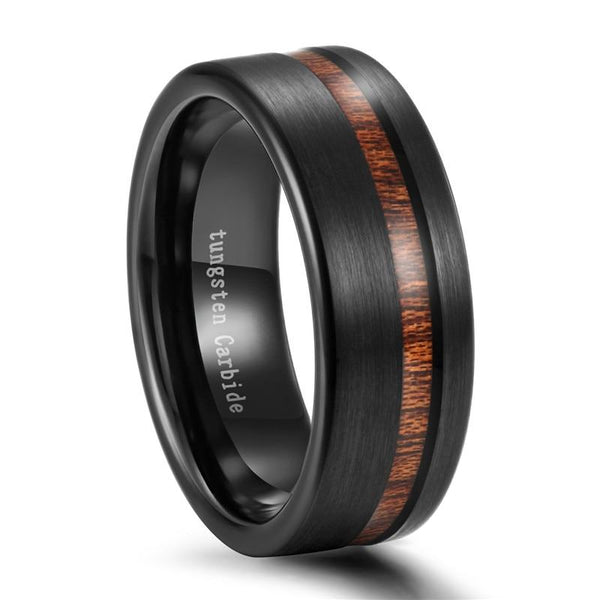 wood and black custom tungsten ring for men