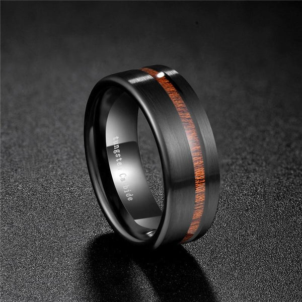 8mm Wood Inlay Black Tungsten Mens Ring