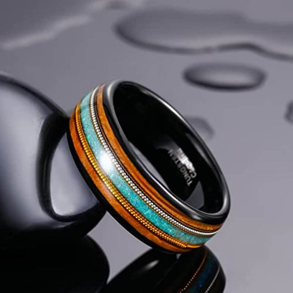 8mm Green or Blue Opal, Guitar Strings & Whiskey Wood Tungsten Men's Rings